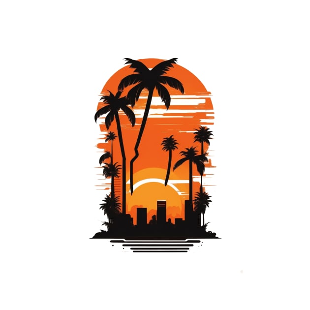 fantasy silhouette sunset palm trees city art by deepofficial