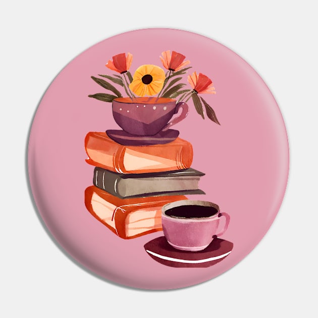 Books Flowers and Coffee Cup, Cute Watercolor Pin by FarmOfCuties