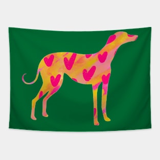 Yellow with pink hearts love Greyhound dog on coloured background Tapestry