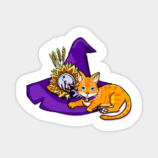 Orange Cat on a Witch Hat (yellow) Magnet