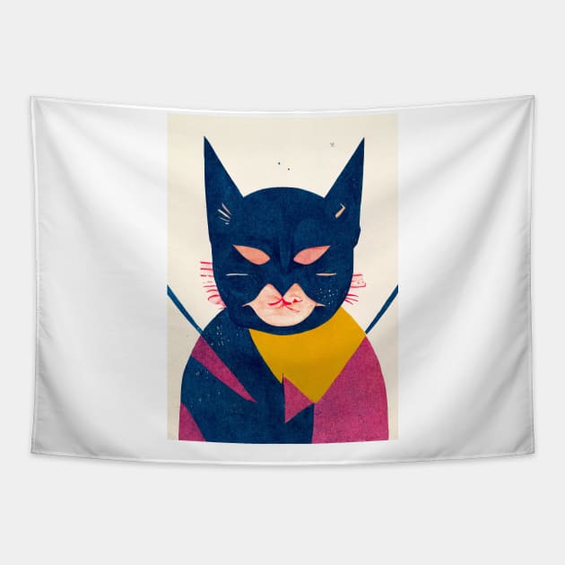 Retro Cat Bat Retro Poster Vintage Art Movie Wall Purple Illustration Tapestry by BetterManufaktur