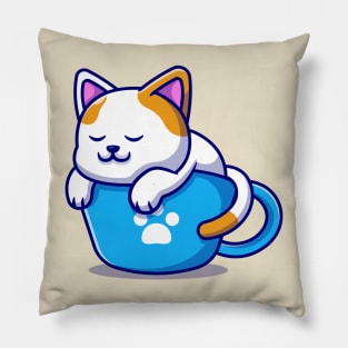 Cute Cat Sleeping On Cup Coffee Cartoon Pillow