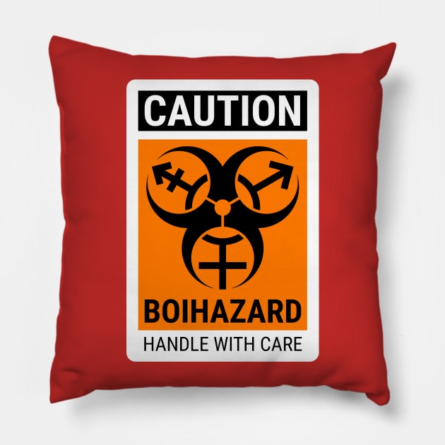 "BOI HAZARD/handle with care" - Label Style - Safety Orange Pillow by GenderConcepts