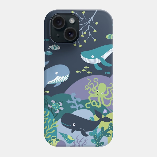 Whales paradise seascape - cute underwater scene with octopus Phone Case by Cecca