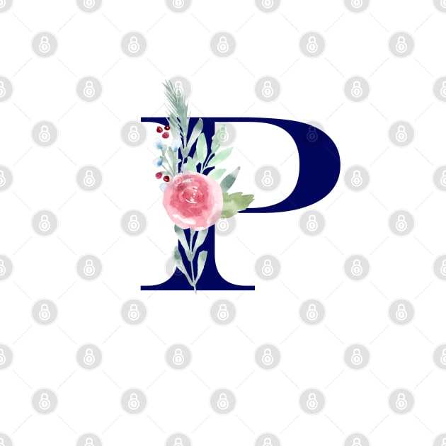 Watercolor Floral Letter P in Navy by Harpleydesign