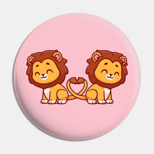 Cute Lion Couple With Love Heart Tail Cartoon Pin