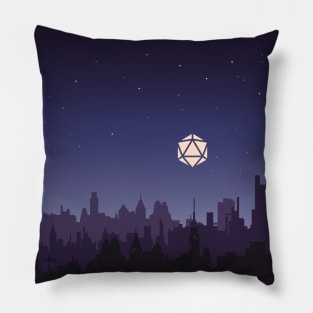 Midnight Starry Night D20 Dice Over City Tabletop RPG Cityscape Pillow