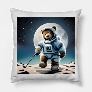 Teddy in a Space suit playing Golf on the Moon Pillow