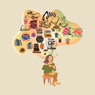 A girl drinking coffee and reading a book while imagining all things books and coffee T-Shirt