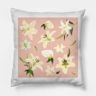 White Pink Lily Flowers Pillow