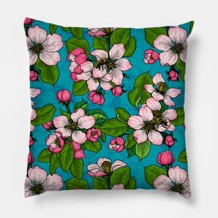 Apple blossom on turquoise Pillow