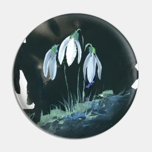 Gouache Snowdrop Flowers on Black Background Pin