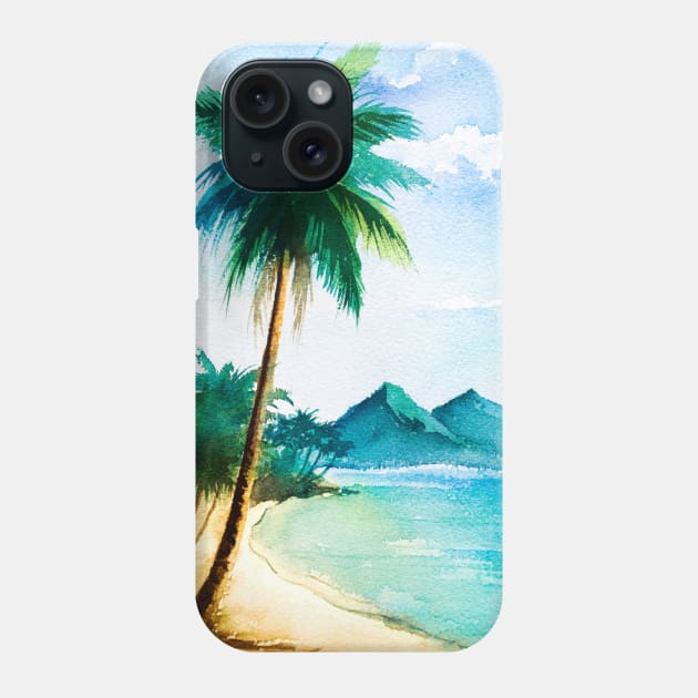 Watercolor tropical beach scene with palm trees Phone Case by pickledpossums