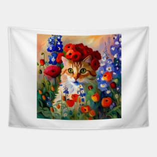 Orange Cat with Delphiniums and Poppies Tapestry