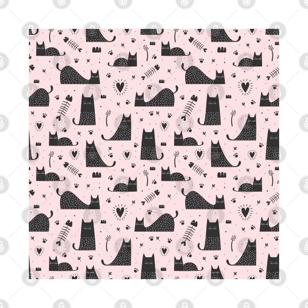 Black And Pink Cute Cat Pattern by Stay Studio