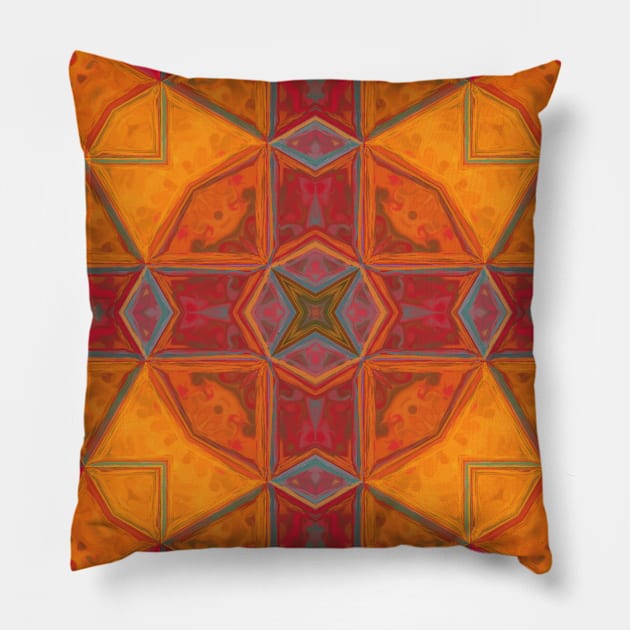 Mosaic Kaleidoscope Square Orange Red and Teal Pillow by WormholeOrbital