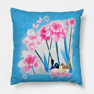 Fairy Wrens and Flowers Pillow