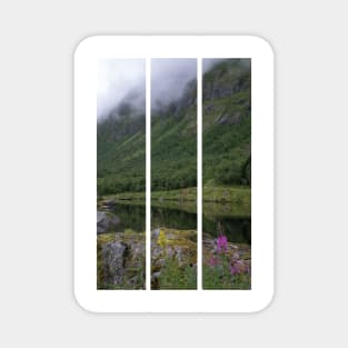 Wonderful landscapes in Norway. Senja, Nordland. Beautiful scenery of a valley with lupine flowers on the rocks. Mirror in the lake. Cloudy summer day. Fog and mountains in background (vertical) Magnet