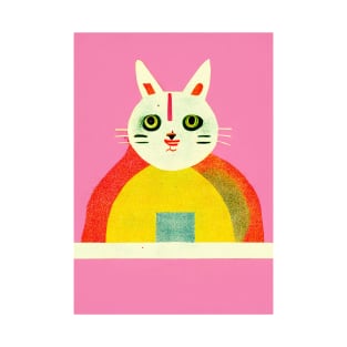 Raver Cat Retro Poster Vintage Art DJ Wall Rainbow Pink Illustration T-Shirt