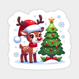 "Jolly Reindeer & Christmas Tree" - Whimsical Holiday Illustration Magnet