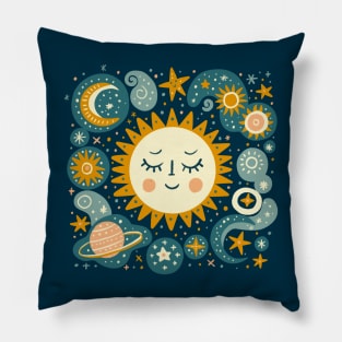 Serenity in the Cosmos - Sun and Stars Celestial Illustration Dark Pillow