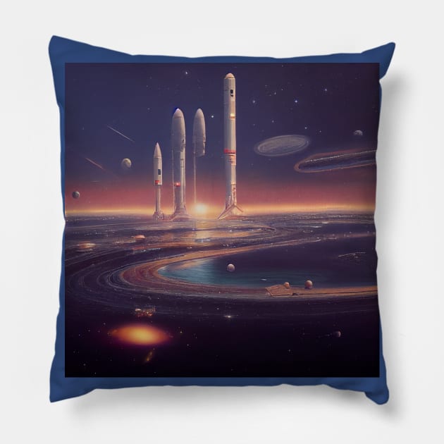 Interplanetary Spaceport Pillow by Grassroots Green