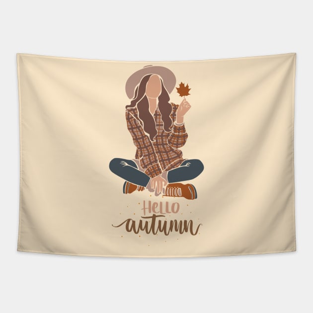 Hello autumn girl holding maple leaf Tapestry by kuallidesigns