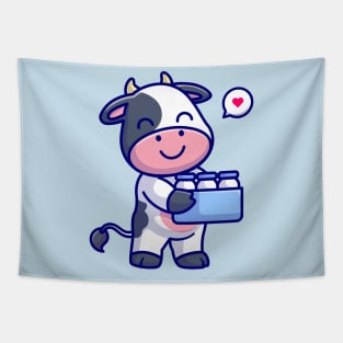 Cute Cow Bring Milk In Bucket Cartoon Tapestry