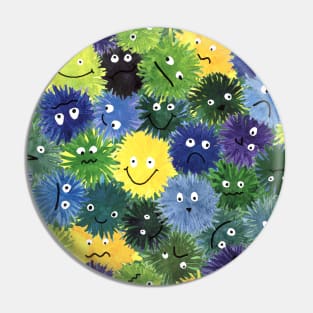 Happy Fluffy Yellow Green and Blue Mosters Pin