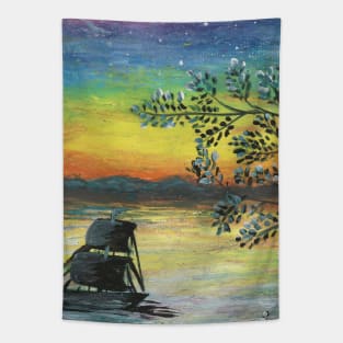 Ship in the moonlight colorful oil pastels scenery Tapestry