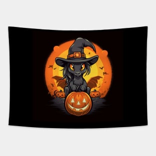 black witch pony with pumpkins on black background Tapestry