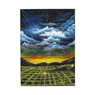 Night city sky - colorful acrylic painting contrasting nature and man-made T-Shirt