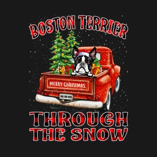 Christmas Boston Terrier Through The Snow Dog Santa Truck Tree T-Shirt