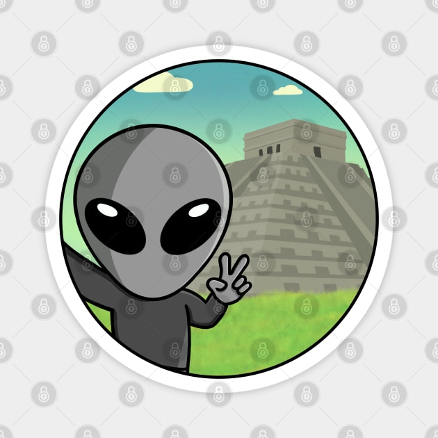 Gray Space Alien Selfie Chichen Itza Magnet by SpaceAlienTees