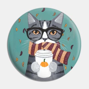 Grey Tabby Autumn Coffee Cat Pin