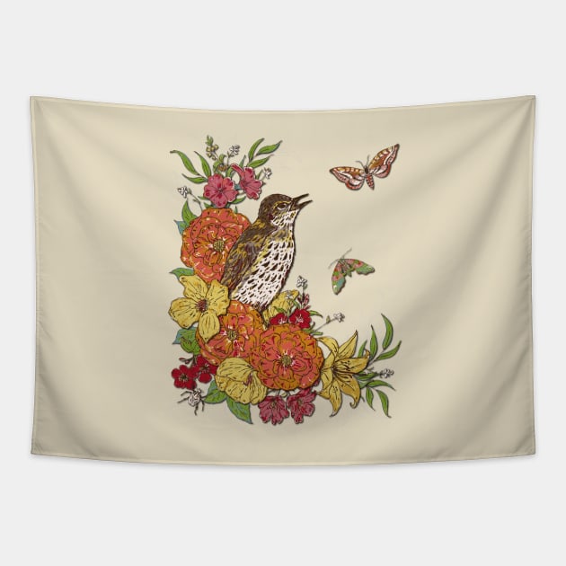 Vintage Song Thrush Tapestry by lottibrown