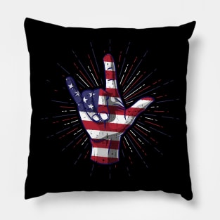 I Love You Hand Sign Gesture USA American Flag Cute Pillow