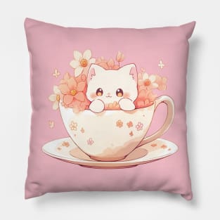 Cute Cat in a Teacup with Flowers Pillow