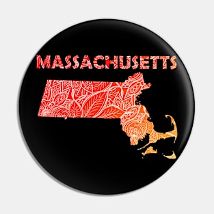 Colorful mandala art map of Massachusetts with text in red and orange Pin