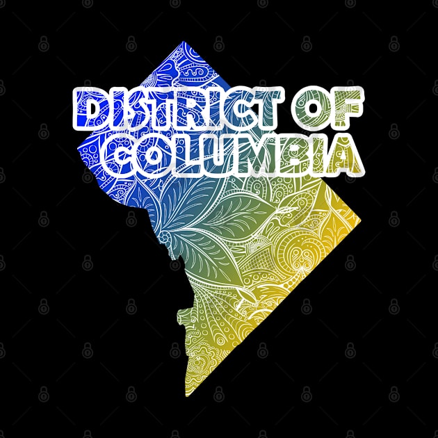 Colorful mandala art map of District of Columbia with text in blue and yellow by Happy Citizen