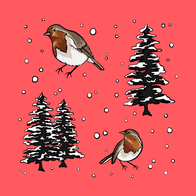 Robin and Snow Covered Trees Pattern Digital Illustration by AlmightyClaire