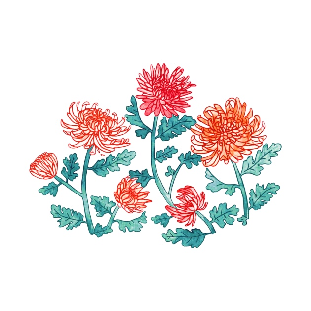 Chrysanthemum Watercolor & Pen Print - Pastels by TigaTiga