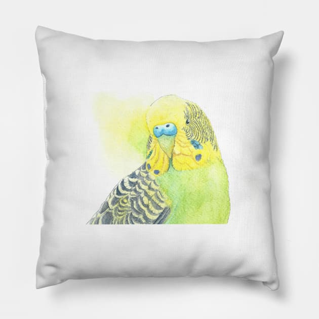 Watercolor green and yellow budgies - parakeet painting portrait with back wash Pillow by Oranjade0122