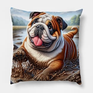 English Bulldog Playing in the Mud Pillow