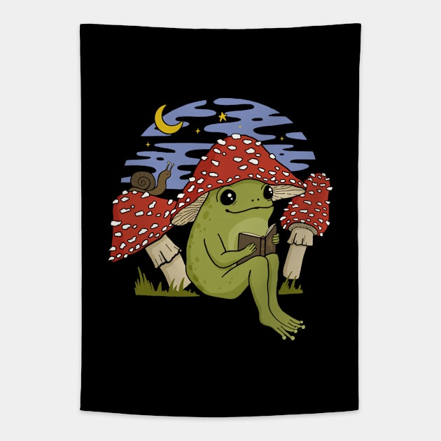 A Cute Frog in Mushroom Cap, Reading Amongst Snails and Toadstools, Embracing Goblincore Charm Tapestry by Ministry Of Frogs