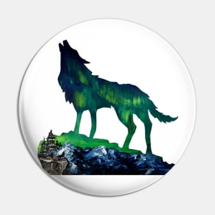 rustic snow mountain landscape wildlife wolf silhouette northern lights aurora Pin