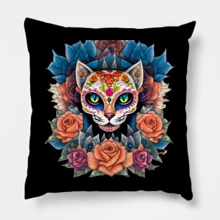 Sugar Skull Art featuring a mesmerizing Flower Skull Cat Pillow