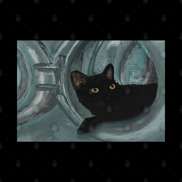 Black Cat Hiding in Washing Machine by Lisa Williams Design