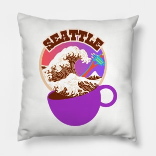 Seattle. Great Wave of Coffee in a Purple Cup. Pillow