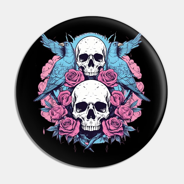 Double Skull With Flowers and Birds Pin by TOKEBI